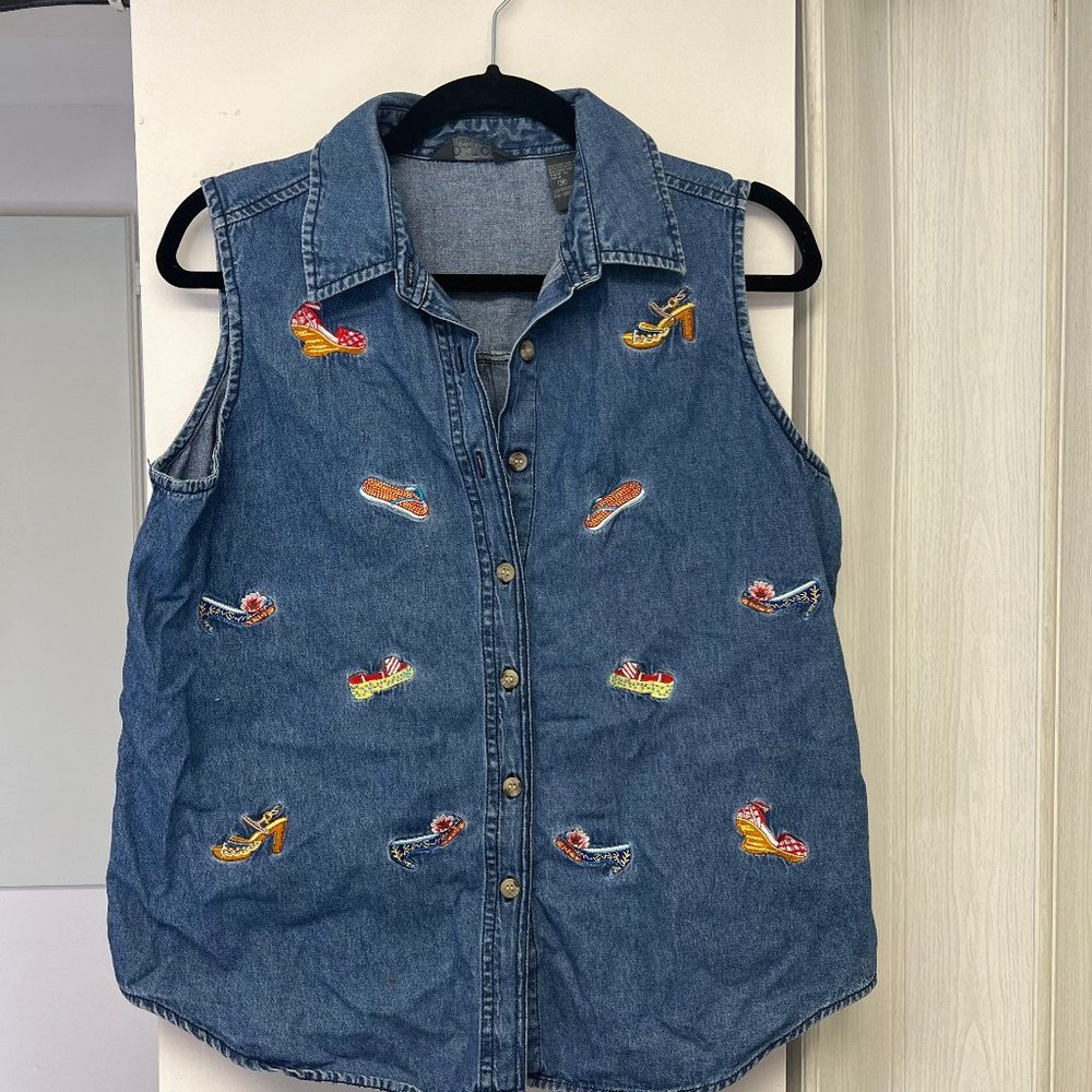 Vintage Sleeveless Denim Button Top with Cute Embroidered Sandals & Shoes
